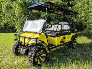 Yellow Evolution 6 Passenger Lifted Golf Cart ave maria golf cart rental, golf cart rentals